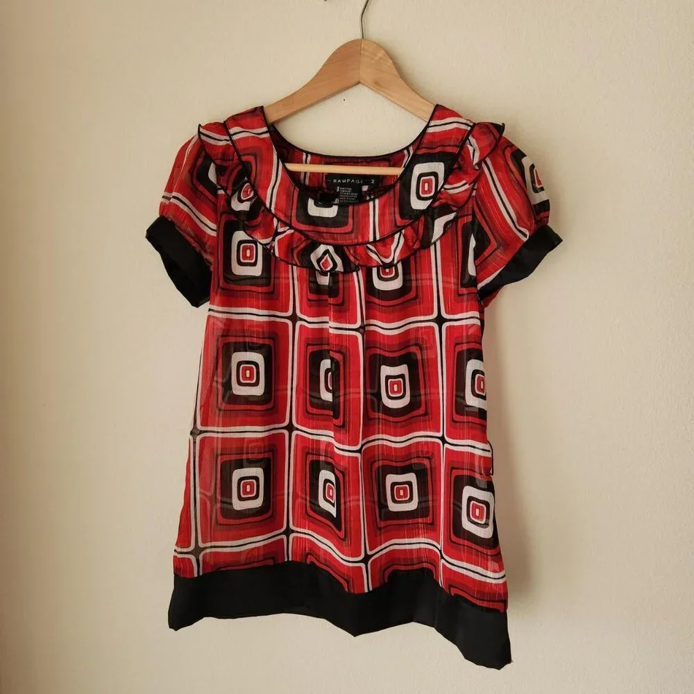 RAMPAGE Y2k red and black babydoll blouse Sz M office siren business casual mod